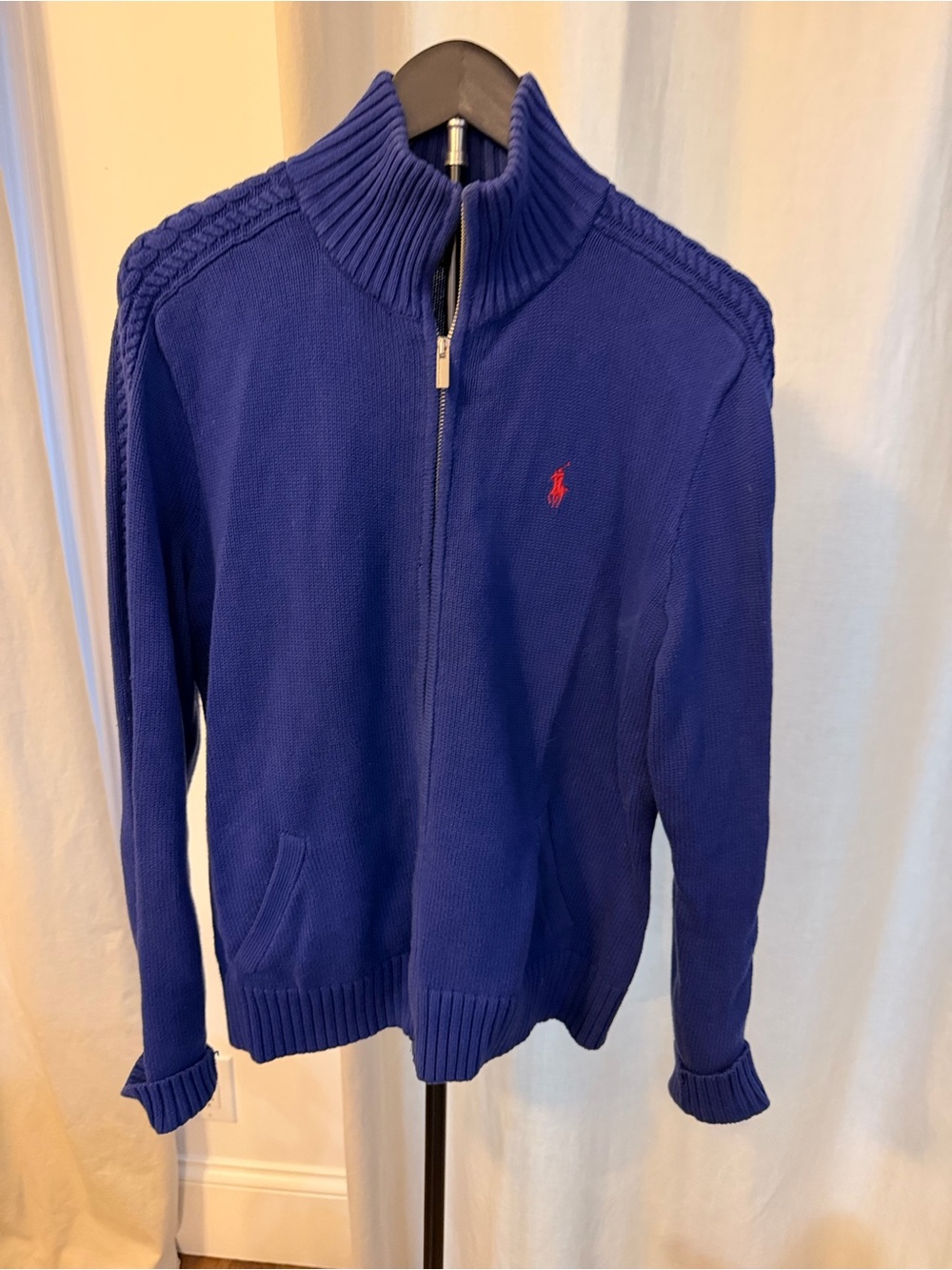 Ralph Lauren Royal Blue Zip-Up Knit Sweater Jacket with Red Logo